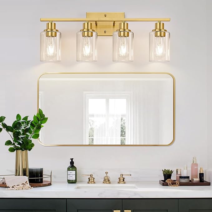 4-Light Vanity Lights with Clear Glass Shades, Brushed Gold Bathroom Light Fixtures Over Mirror, Modern Bathroom Wall Lamp for Mirror Living Room Cabinet Bedroom Porch-Ruum Studio Home