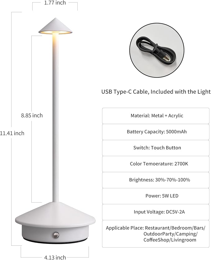 Modern Cordless Table Lamp Set of 2, Portable LED Desk Lamps, 5000mAh Rechargeable Battery Operated Lighting for Bedroom Dining Room Restaurant Coffee Shop Camping Night Light (White)-Ruum Studio Home