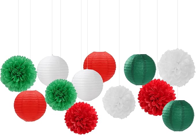 Red-Green White Party-Decorations Christmas Flowers Lanterns - 15PCS Italian Mexican Independence Day Paper Tissue Pom Poms Streamers,Mexico Italy Birthday Baby Shower Wedding Hanging Decor Hugfond-Ruum Studio Home