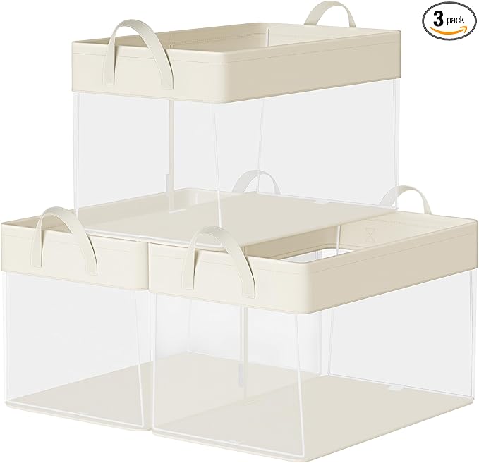 SONGMICS Storage Bins Set of 3, Large Fabric Storage Baskets, Foldable Organizer with Transparent Nylon Mesh, 19.7 x 11.8 x 11.8 Inches, Handles, for Bedroom, Living Room, Cream White URFB950W01-Ruum Studio Home