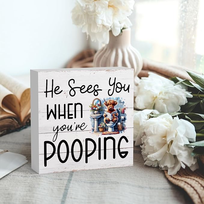 Funny Highland Cow Decor Memorial Day Fourth of July Independence Day Decorations Red White and Blue Decor, Rustic Farmhouse Home Office Wooden Box Sign for Bathroom - He Sees You When You're Pooping-Ruum Studio Home