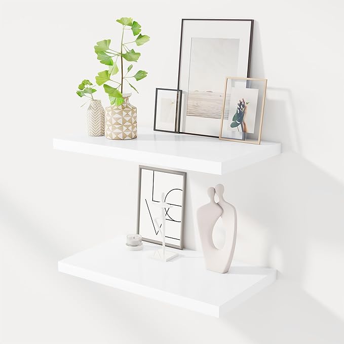 24" Floating Shelves for Wall, 12" Deep Slim White Floating Shelves, Wall-Mounted Shelves for Bedroom, Living Room, Kitchen, Bathroom - Set of 2-Ruum Studio Home