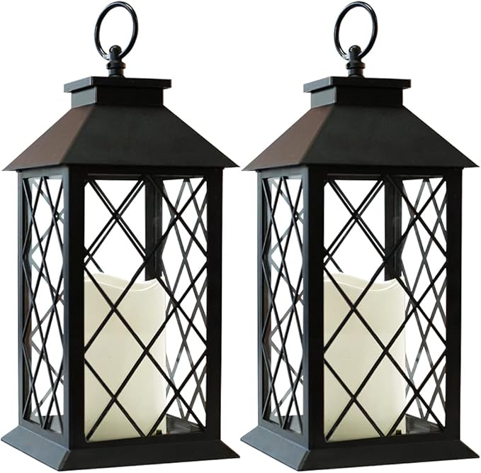 Bright Zeal 2-Pack 13.5" Vintage Candle Lantern with LED Pillar Candle (Black, 6hr Timer) - IP44 Waterproof Battery Powered Candle Lantern - Outdoor Patio Hanging Lantern Decorative Tabletop Lantern-Ruum Studio Home