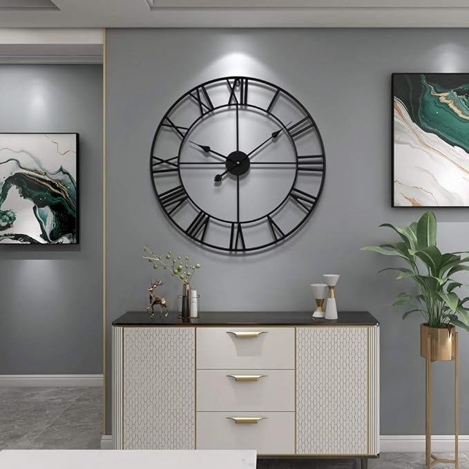 LEIKE Large Wall Clock, 24" Completely Silent, Non Ticking, Battery-Operated,Rustic Round Modern Metal Wall Clock Decor for Living Room, Bedroom and Kitchen, (60cm, Black-Roman Number)-Ruum Studio Home