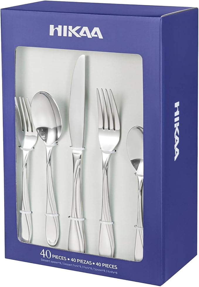 HIKAA Wave Design Silverware Gift Set for Wedding, 40-Piece Artistic Stainless Steel Flatware in Gift Box, Fibonacci Pattern Cutlery Set Service for 8, Mirror Polished-Ruum Studio Home