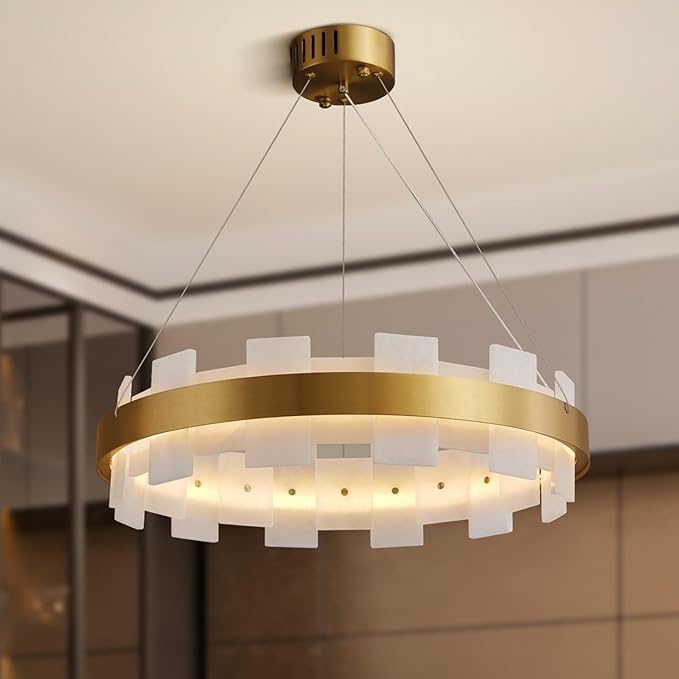20" Natural Spanish Alabaster Round Chandelier, Adjustable Large Chandeliers for Living Room Over Table, Modern Luxury Alabaster Stone Chandelier for Drawing Room, Bedroom, Hallway, Foyer-Ruum Studio Home