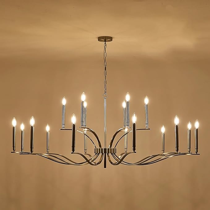 18 Light Nickel Living Room Chandelier High Ceiling Foyer Candle Chandelier Large Modern 59in Metal Chandeliers Hanging Light for Master Bedroom Dining Room Light Fixture Over Table-Ruum Studio Home