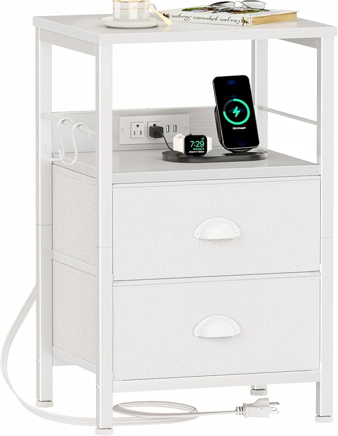 Furologee End Table with Charging Station, Nightstand with Fabric Drawers, Side Tables with USB Ports & Outlets, Night Stand with Storage Shelf & Hooks, for Living Room/Bedroom, White-Ruum Studio Home