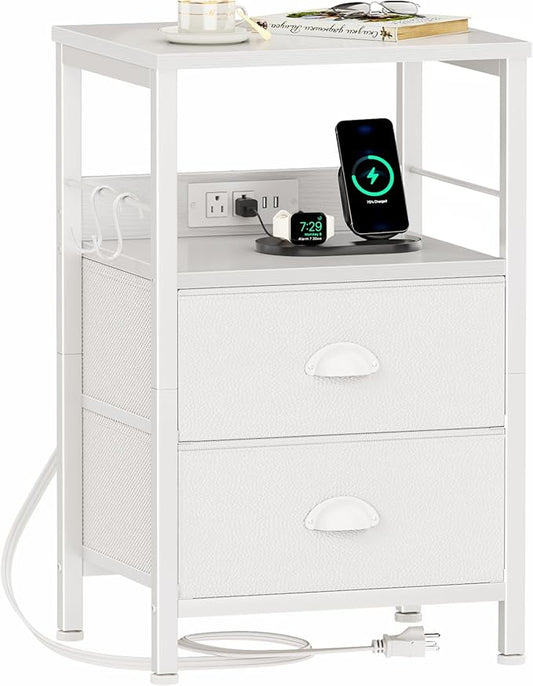 Furologee End Table with Charging Station, Nightstand with Fabric Drawers, Side Tables with USB Ports & Outlets, Night Stand with Storage Shelf & Hooks, for Living Room/Bedroom, White-Ruum Studio Home