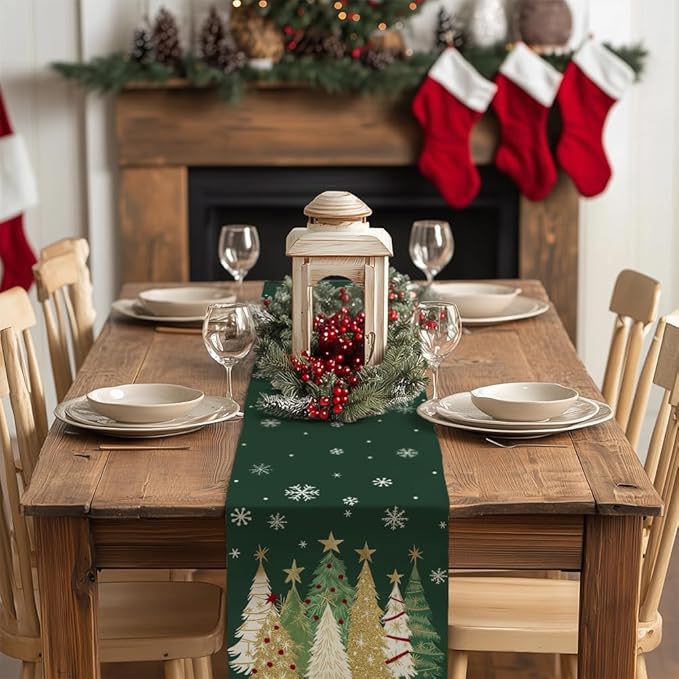 GEEORY Christmas Table Runner 13x36 Inch, Xmas Trees Snowflakes Holiday Decorative Farmhouse Table Decoration for Kitchen Dinning, Indoor Outdoor Dinner Party Decor (Green) GT152-36-Ruum Studio Home