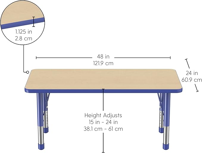FDP Rectangle Activity School and Kids Classroom Table (24 x 48 inch), Toddler Legs, Adjustable Height 15-24 inches - Maple Top and Blue Edge-Ruum Studio Home