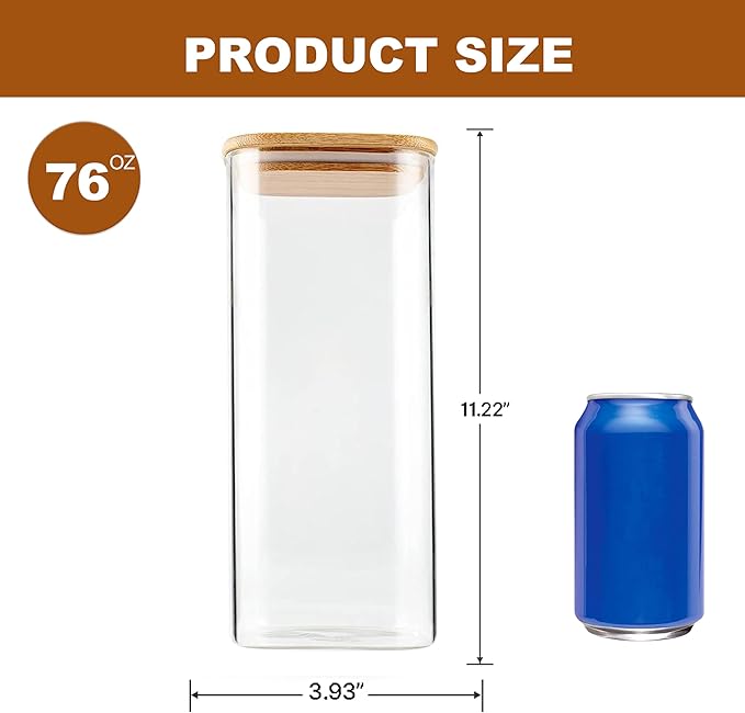 Glass Food Storage Jars 76 oz Set of 3,Glass Storage Containers Clear Glass Food Canister with Bamboo Lid Airtight For Serving Tea, Coffee, Flour, Sugar, Candy, Cookie, Spice and More (Square)-Ruum Studio Home