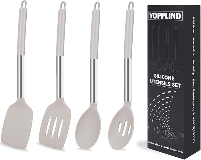 5-Piece Silicone Kitchen Tool Set, BPA-Free, Heat-Resistant, Non-Stick & Dishwasher-Safe, with Slotted/Solid Spoons & Spatulas for Frying, Mixing, Draining – Includes Multi-Purpose Serving Hook(Khaki)-Ruum Studio Home