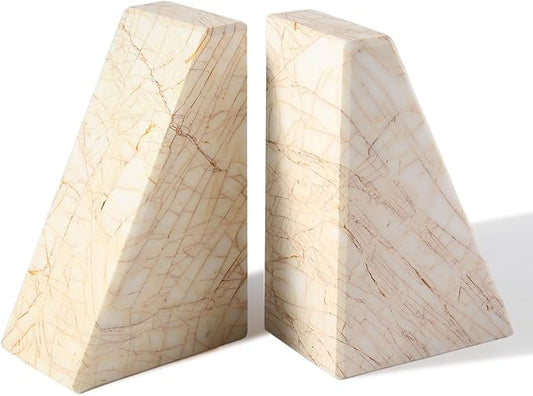 Marble Bookends，Natural Decorative Bookend for Shelves, Non-Skid Book End for Heavy Books, Idea Book Stoppers & Holder for Desk Bookshelf Decor, Modern Home Decor Cream Color Book Ends, Set of 2-Ruum Studio Home