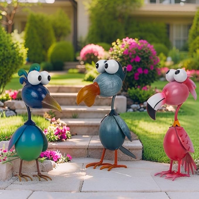 Kircust Outdoor Metal Bird Yard, Garden Decor for Outside Flamingo/Peacock/Pelican Decorations Art Statues, Lawn Ornaments for Courtyard, Patio, Backyard, Porch, Set of 3-Ruum Studio Home