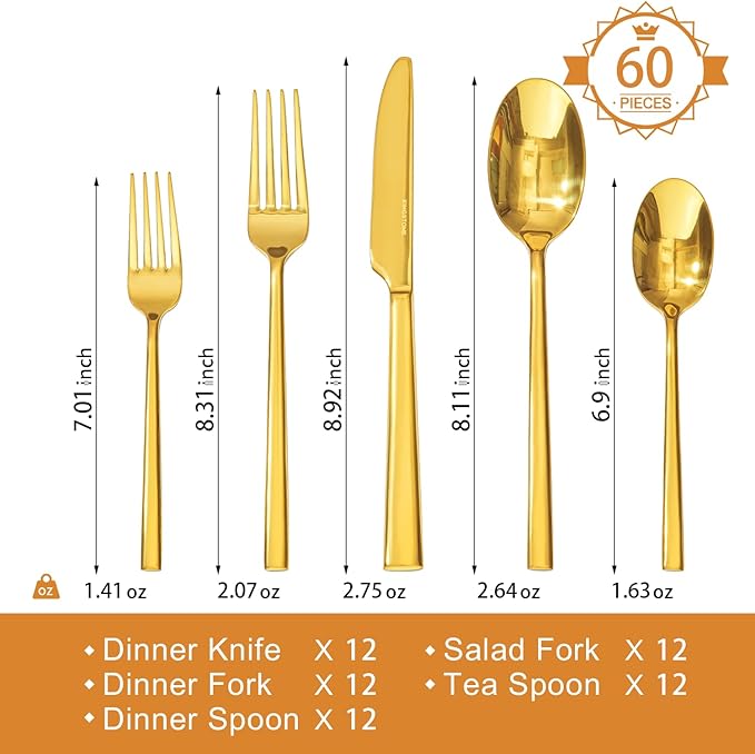 KINGSTONE Gold Silverware Set, 60-Piece Forged Flatware Set Cutlery Set Premium Stainless Steel, Service for 12, for Kitchen, Home, Wedding, Party, Mirror Polished and Dishwasher Safe-Ruum Studio Home