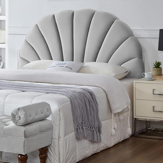 24KF Stunning Crown Design Queen Headboard, Upholstered Soft Velvet Petal Pattern Headboard Queen/Full-Q-Gray-Ruum Studio Home
