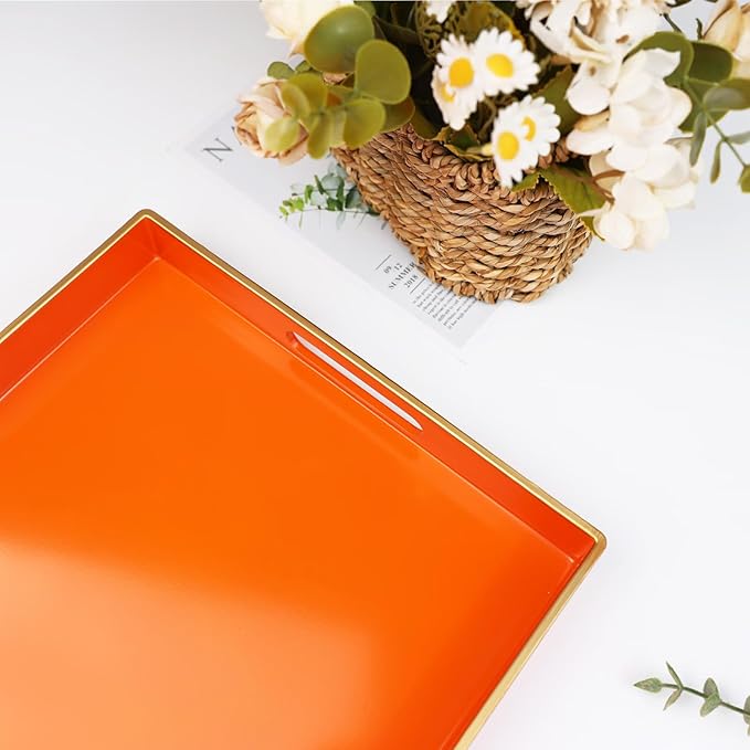 Spsyrine Orange Decorative Serving Tray with Handles, Elegant Plastic Coffee Table Tray for Ottoman, Living Room, Home Decor 15.6" X 10.2"-Ruum Studio Home