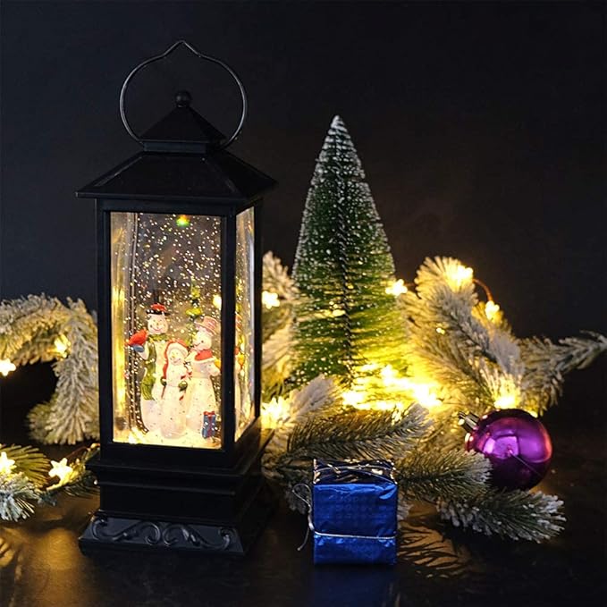 Eldnacele Singing Battery Operated Musical Lighted Christmas Snowman Water Glittering Swirling Snow Globe Lantern with Music Christmas Home Decoration and Gift, Snowman Family-Ruum Studio Home