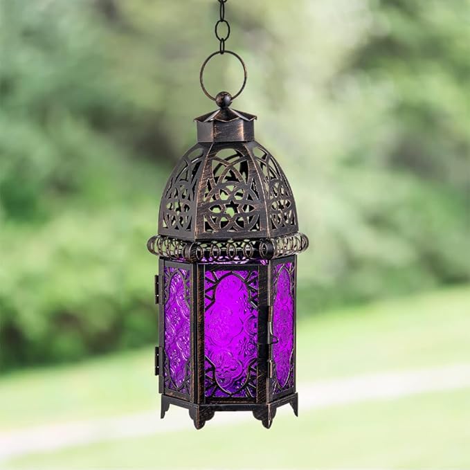 NEEDOMO Moroccan Candle Lantern, 12.8'' Hanging Lanterns Decorative Indoor Outdoor, Vintage Candle Holder for Chritsmas, Halloween, Table, Patio, Porch, Shelf, Gothic Home Decor (Purple)-Ruum Studio Home
