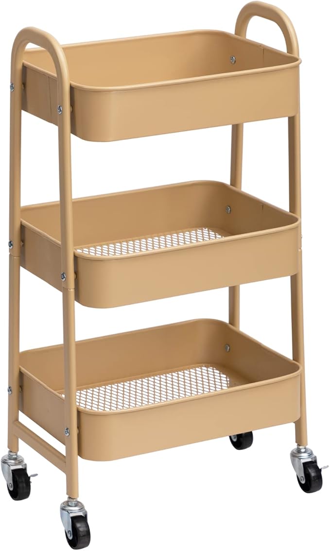 AGTEK Makeup Cart, Movable Rolling Organizer Cart, 3 Tier Metal Utility Cart with Lockable Wheels for Home & Office, Golden-Ruum Studio Home