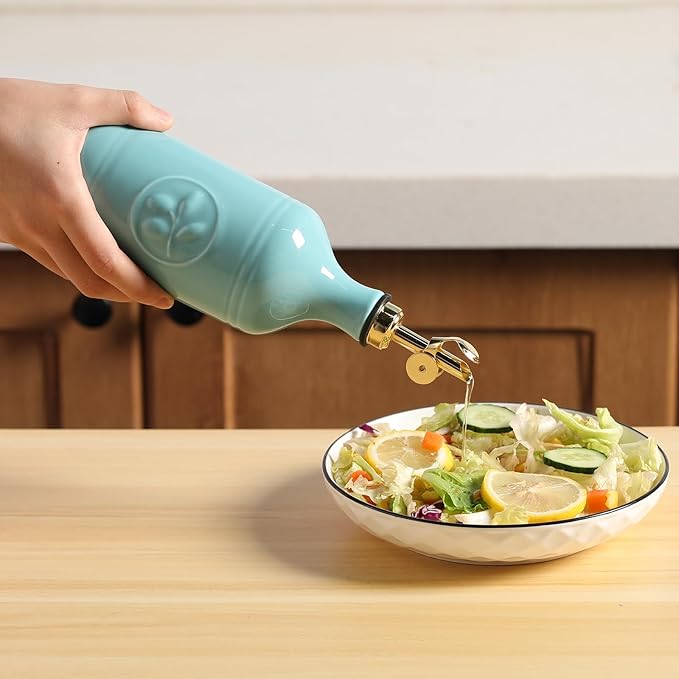 Sweejar 16 Oz Ceramic Olive Oil Dispenser Bottle, Oil Dispenser for Kitchen with Gravity Spout, Relief Opaque Vinegar Container for Evoo, Soy Sauce, 1 Pack(Turquoise, Gold Spout)-Ruum Studio Home