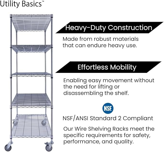 48"x24"x72" Chrome 5-Tier PREMIUM Wire Shelving NSF 4000 LBS MAX CAPACITY Heavy Duty Steel Storage Rack for Warehouses, Garages, Hospitals, Commercial Spaces, & Schools w/PREMIUM WHEELS-Ruum Studio Home