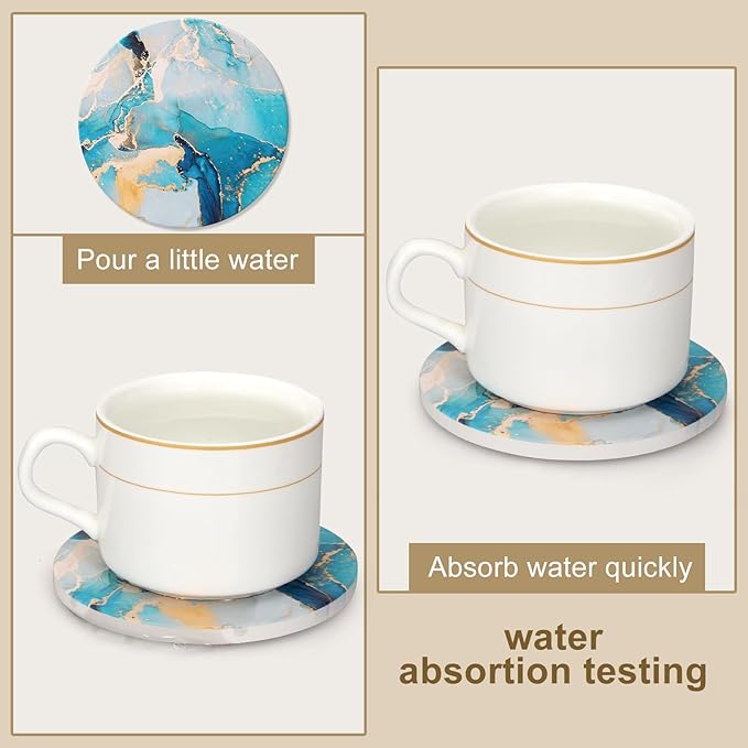 6 Pcs Light Blue Marble Abstract Ceramic Coasters with Holder Best Round Drink Absorbent Coasters for Desk, Lounge, Coffee, Wine, Beverage, Dining Table Decor, Bar Coaster Set-Ruum Studio Home