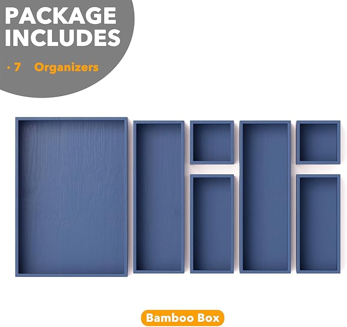 SpaceAid 7-Piece Bamboo Drawer Organizer Storage Boxes Set, Wood Tray Junk Drawer Organizers Multi-Use Divider Bins for Kitchen, Bathroom, Office Desk and Makeup Organization (7 Pack, Navy Blue)-Ruum Studio Home