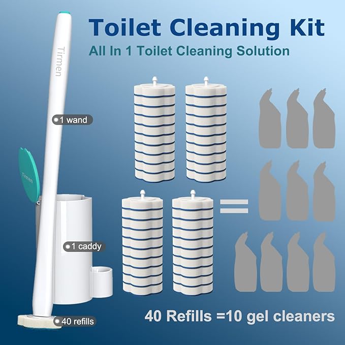 Disposable Toilet Brush: Toilet Bowl Brush and Holder Set with 40 Wand Refills, Upgraded Handle, 2X Cleaners, Toilet Cleaning System with Storage Caddy for Sink, Bathtub, Floor, Drain (Green)-Ruum Studio Home