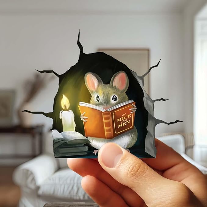 3D Mouse Reading Book in Mouse Hole, Decal Sticker, Removable Wall Decor, Book Lover Gift Idea, Baseboard, Wall Sticker Decal, Kids Room, Classroom, Library-Ruum Studio Home