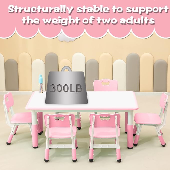Children's Table and Chair Set Suitable for Boys and Girls Age 2-12 Height Adjustable Table top Can be Painted with 6 Seats Suitable for Family Learning Daily use (Pink)-Ruum Studio Home