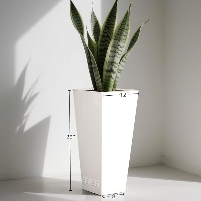 Worth Garden 28" H. Large Metal Glazed Planter Set of 2, Modern Glossy Finish White Tall Square Tapered Steel Flower Plant Pots for Indoor & Outdoor Use - Insert Plate with Drain Holes, Air Vents-Ruum Studio Home