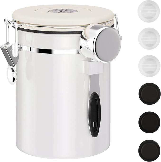 ShanSon Coffee Canister Airtight Coffee Container Stainless Steel Coffee Bean Storage Container with CO2 Release Valve and Scoop Coffee Canister for Beans,Grounds,Sugar,Flour,Tea,Cereal,22OZ,Off-White-Ruum Studio Home