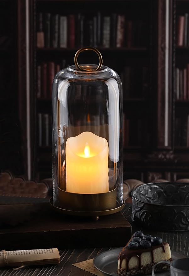 12" High Versatile Modern Metal Hurricane Lantern with Handmade Sturdy Glass Dome for 3" Pillar Candle & Plants (Brass, 5"x12")-Ruum Studio Home