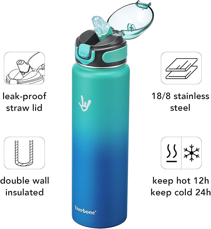 Enerbone 32 oz Insulated Water Bottle, Stainless Steel Bottle with Carrying Strap, Double-Wall Vacuum Insulation Design, Leakproof Sports Bottle with Straw, Keep Drinks Cold or Hot for Hours-Ruum Studio Home