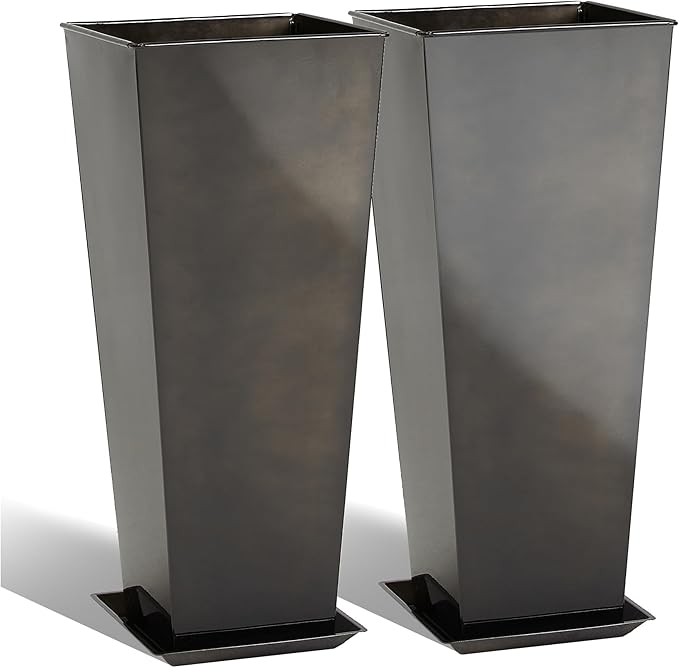 KOL 25''H. Bright Glazed Planter with Drainage Hole, Set of 2, Tall Galvanized Steel Planter Pots with Saucer for Indoor & Outdoor Use, Decorative Flower Plant Pots for Porch, Patio, Deck - Black-Ruum Studio Home