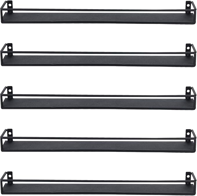 MyGift 16 Inch Wall Mounted Black Metal Nail Polish and Essential Oil Display Shelves, Kitchen Hanging Racks for Seasoning Shakers or Spice Jars, Set of 5-Ruum Studio Home