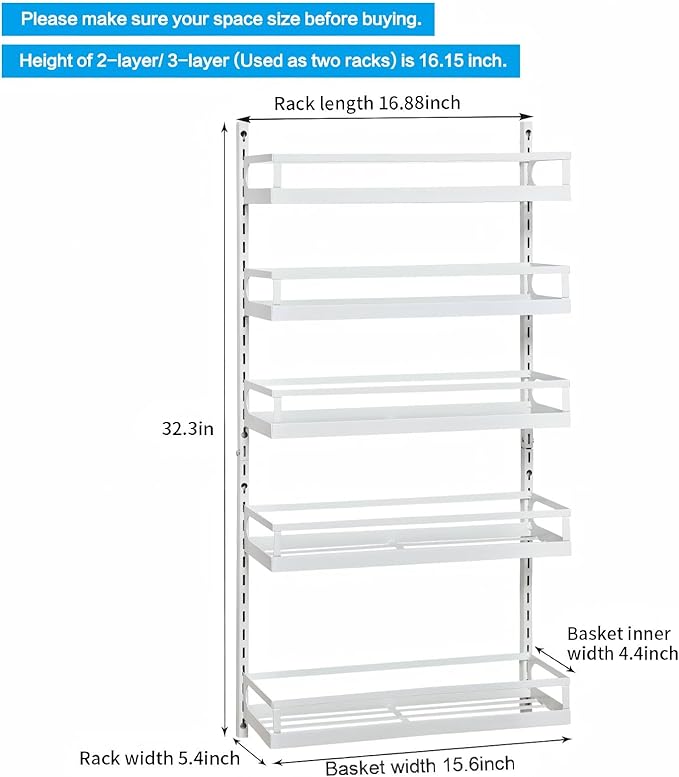 X-cosrack Wall Mount Spice Rack Organizer 5 Tier Height-Adjustable Hanging Spice Shelf Storage for Kitchen Pantry Cabinet Door, Dual-Use Seasoning Holder Rack with Hooks, White-Ruum Studio Home