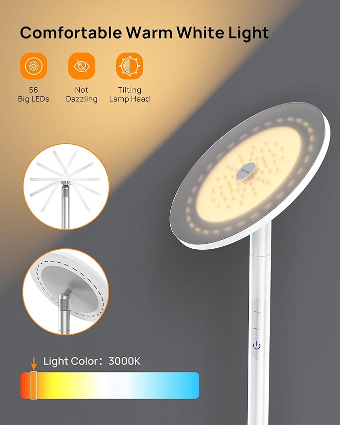TROND Floor Lamp, 5000LM Super Bright Sky LED Modern Torchiere Standing Lamp, 3000K Warm White with 5-Level Dimmable, 71 in Tall Pole Light, 30-Minute Timer, Modular Rod, Wall Switch Compatible-Ruum Studio Home
