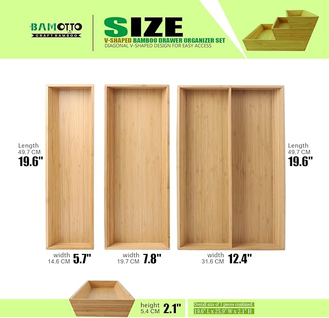 V-Shaped Bamboo Drawer Organizer Set of 3, Kitchen Large and Long Utensil Plate, Flatware & Silverware Storage Box, Wood Drawer Organizer for Bedroom, Living Room (19.6"x5.7" & 7.8" & 12.4")-Ruum Studio Home