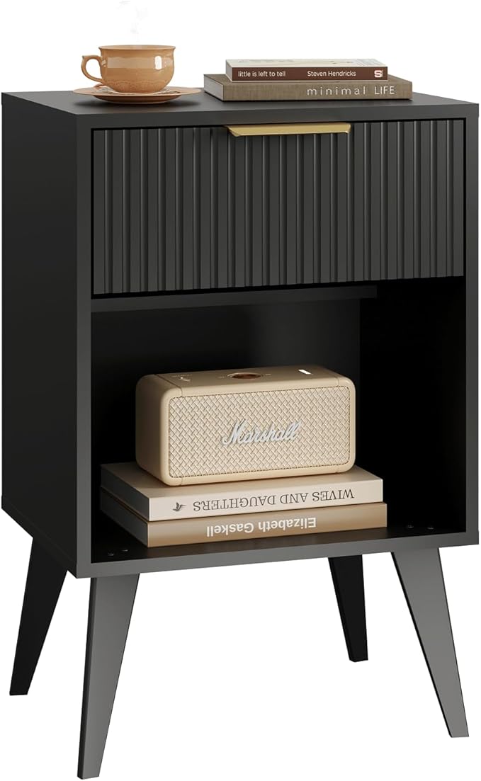 Fluted Night Stand with Opening Storage,Mid Century Bedside Table with Drawer,Modern Nightstand with Solid Wood Legs,End Table Side Table for Living Room,Bedroom,Black CTG56BK-Ruum Studio Home