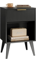 Fluted Night Stand with Opening Storage,Mid Century Bedside Table with Drawer,Modern Nightstand with Solid Wood Legs,End Table Side Table for Living Room,Bedroom,Black CTG56BK-Ruum Studio Home