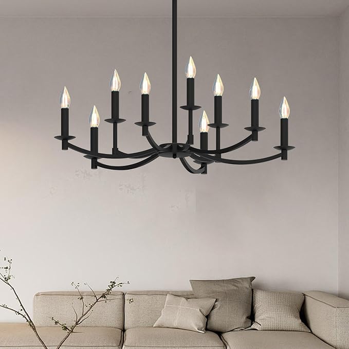 Round Black Chandeliers, Modern Candle Hanging Lights, LED Pendant Lighting Ceiling for Dining Room Bedroom Kitchen Island Farmhouse Living Room (Black-A 9Lights)-Ruum Studio Home
