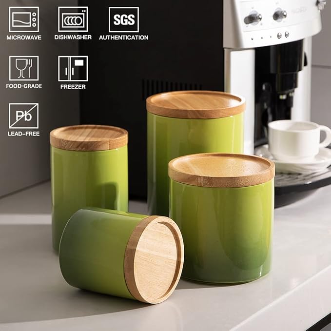 Sweejar Ceramic Food Storage Jar, Stackable Kitchen Canisters, Containers with Airtight Seal Wooden Lid for Serving Ground Coffee, Tea, Sugar, Salt and More - 16 Fl Oz (Gradient Green)-Ruum Studio Home