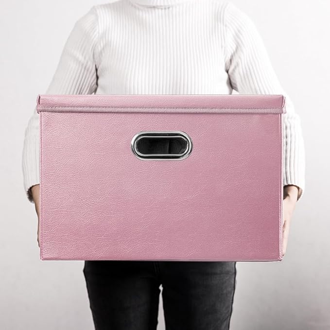 PRANDOM Large Stackable Storage Bins with Lids [3-Pack] Leather Fabric Foldable Storage Boxes Organizer Containers Baskets Cube with Cover for Bedroom Closet Office Nursery Pink (17.7x11.8x11.8)-Ruum Studio Home