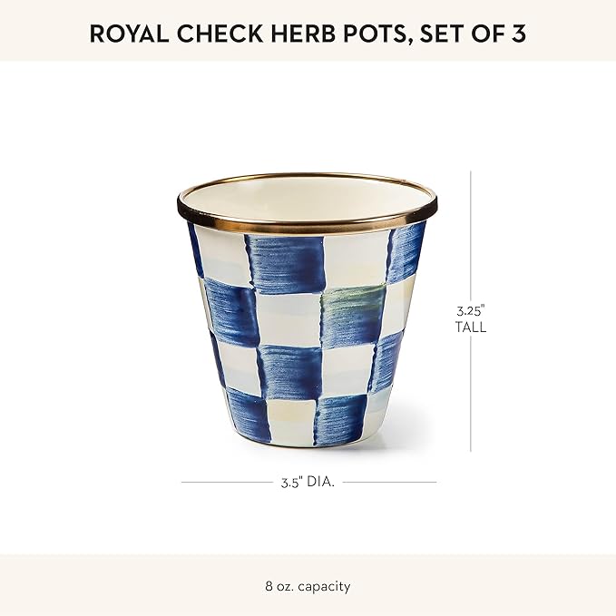 MACKENZIE-CHILDS Enamel Herb Pots, Small Plant Pots for Herbs or Flowers, Set of 3, Blue-and-White Royal Check-Ruum Studio Home