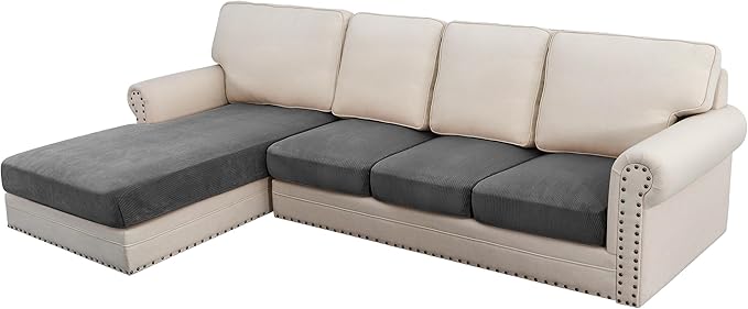H.VERSAILTEX Velvet Stretch Sectional Couch Covers 4 Pieces Sofa Seat Cushion Covers L Shape Separate Cushion for Both Left/Right Couch (Large Sofa 3 Seater + 1 Chaise, Grey Striped)-Ruum Studio Home