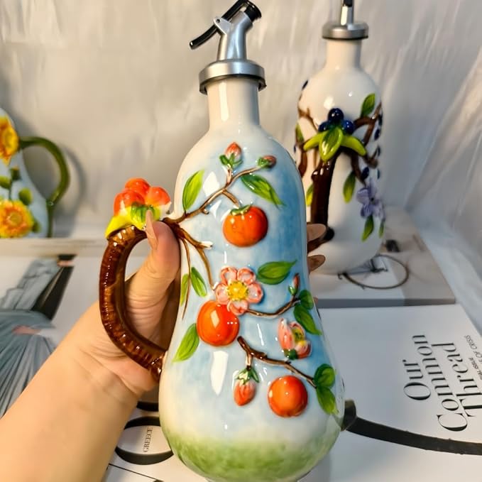 18.26oz/540ml Ceramics Olive Oil Dispenser Bottle,Hand Painted Reliefs Oil Dispenser for Kitchen,Oil Bottles for Kitchen (Persimmon)-Ruum Studio Home