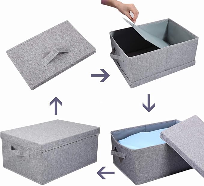 HOONEX Linen Foldable Storage Bins with Lids, 2 Pack, Storage Boxes with Carrying Handles and Sturdy Heavy Cardboard, 16.5" L x 11.8" W x 7.5" H for Shoes, Books, Clothes, Light Grey-Ruum Studio Home